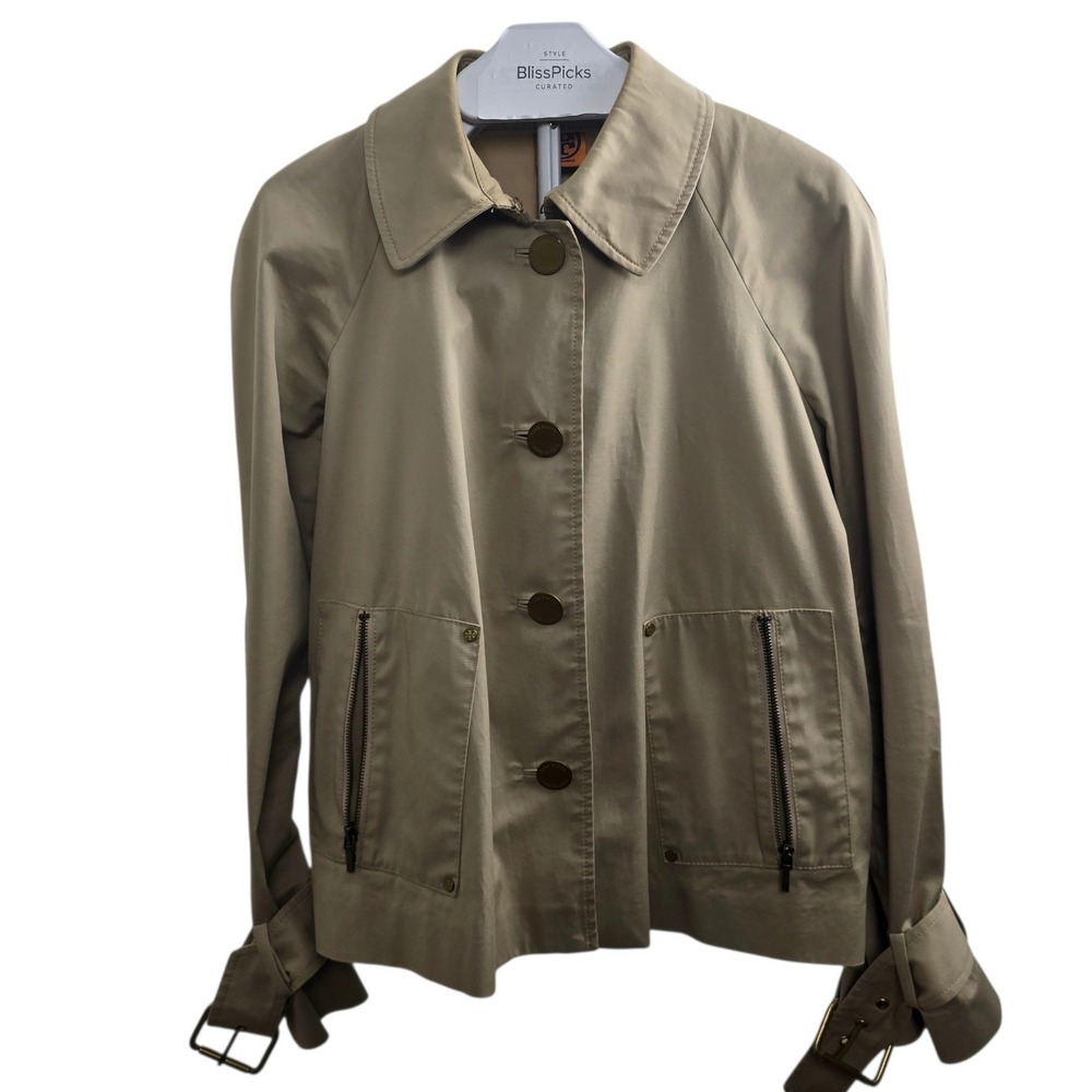 Toryโ Burch Tan Mini Trench Jacket Buckle Cuff Zip Pockets Cotton Blend Size 12
